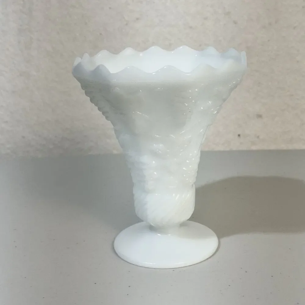 Anchor Hocking White Glass Compote 6” Vase Harvest Grapevine Punchbowl Stand VTG